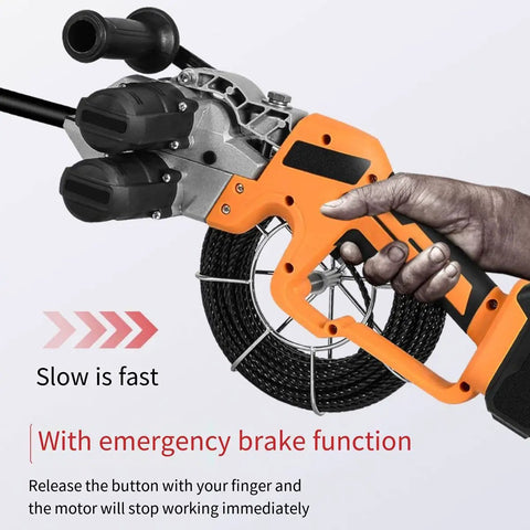 Cordless Brushless Electric Wire Puller 800W With 21V 4000mAh Battery showing hand gripping handle with control buttons.