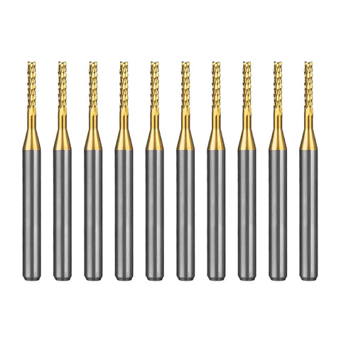 Ten-Piece TiN Coated Solid Carbide End Mills Set for PCB Engraving and CNC Routing, 0.6mm Cutting Diameter, 4.5mm Cutting Length, 1/8 Inch Shank