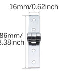 Front view of stainless steel flush hinge, 86mm long (3.38in) by 16mm wide, silver finish for cabinets/doors.