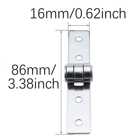 Front view of stainless steel flush hinge, 86mm long (3.38in) by 16mm wide, silver finish for cabinets/doors.