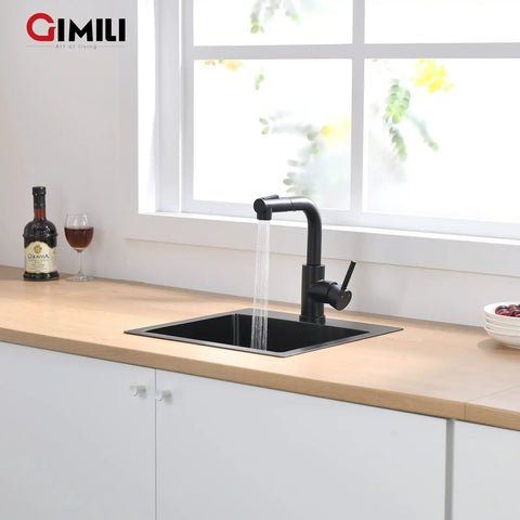 Modern Bar Sink Faucet With Pull Out Sprayer, Single Handle, Matte Black Kitchen Faucet With Joystick Control over a kitchen sink
