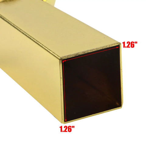 Close-up of square cup caster, brass finish, showing 1.26 inch measurements for Two-Pack Metal Swivel Cup Casters, Square Cup Style Furniture Wheels For Tables, Chairs, And Sofas, 2.48 Inch Diameter, Straight Mount Type, Beefy Durability And Smooth Rolling Casters.