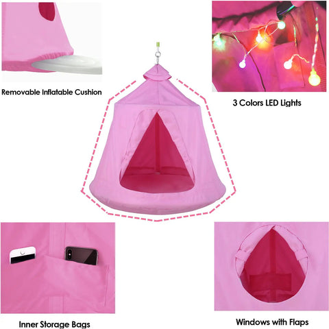 Pink X Shaped Hanging Tree Tent With Swing Chair And Stand Patio Canopy with LED lights, inner storage bags, and windows with flaps