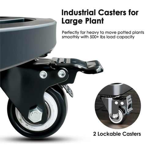 Close-up of lockable caster on 18 Inch Round Plant Caddy With Wheels Heavy Duty Metal Plant Dolly.