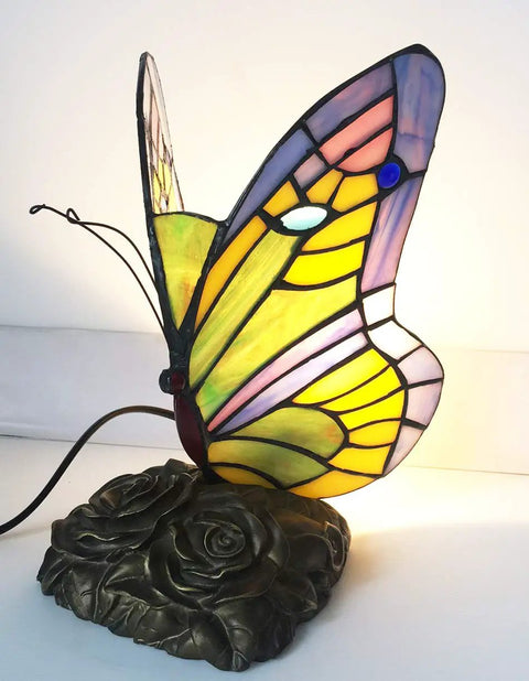 Tiffany Style Butterfly Table Lamp With Stained Glass Multicolor Night Light Blue Glass Accent For Living Room Or Bedroom, Eye Catching Home Decor