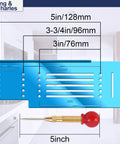 Cabinet Hardware Template With Center Punch Kit featuring dimensions, alignment tool for installing handles, knobs, and pulls on drawers