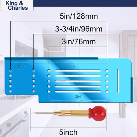 Cabinet Hardware Template With Center Punch Kit featuring dimensions, alignment tool for installing handles, knobs, and pulls on drawers