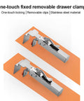Heavy Duty Adjustable Drawer Clamp With One Touch Quick Release For No Sweat Cabinet Front Install and Hassle Free Drawer Panel Alignment Jig and Secure Holders on orange background.