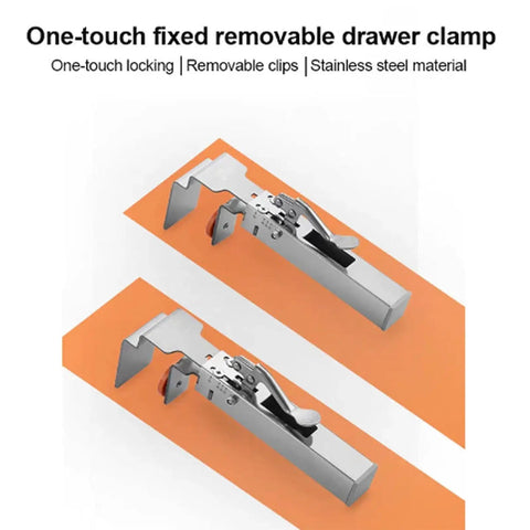 Heavy Duty Adjustable Drawer Clamp With One Touch Quick Release For No Sweat Cabinet Front Install and Hassle Free Drawer Panel Alignment Jig and Secure Holders on orange background.