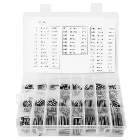 Heavy Duty Hollow Spring Pins Set 280 Pcs Stainless Steel Clamping Sleeves Assortment M1.5 Through M8 With Durable Storage Box For Machine Shop And Industrial Uses.
