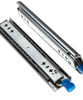 Workhorse Grade Full Extension Drawer Slides Secured With A Dead Easy Lock And Smooth As Silk Glide Heavy Duty Three Piece Rail Kit viewed from the side, showing zinc steel construction and locking mechanism.