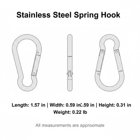 Stainless Steel Spring Snap Hook Heavy Duty Replacement Clip For Outdoor Gear And Hardware Corrosion Resistant 1.57 X 0.59 X 0.31 Inches Pack Of 1, front and side views