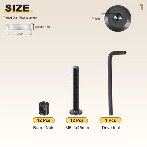 Premium Furniture Replacement Screw Set With M6 Barrel Nuts And Hex Wrench For Baby Crib Assembly kit components including bolts and wrench.