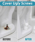 2 Piece Cat Design Toilet Bolt Covers In Crisp White Straight Up Premium Ceramic Screw Caps, before and after installation.