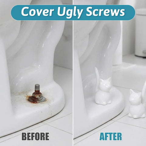 2 Piece Cat Design Toilet Bolt Covers In Crisp White Straight Up Premium Ceramic Screw Caps, before and after installation.