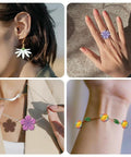 Hella Awesome Mini Flower Polymer Clay Cutters For Crafting Chic Daisy Rose Lotus Shapes With Top Shelf Hobby Molds, earrings and rings displayed.