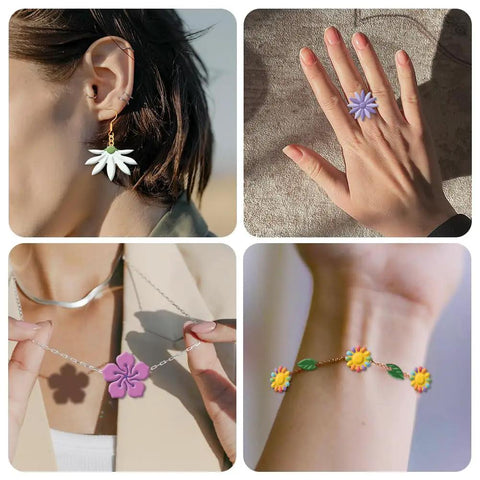 Hella Awesome Mini Flower Polymer Clay Cutters For Crafting Chic Daisy Rose Lotus Shapes With Top Shelf Hobby Molds, earrings and rings displayed.