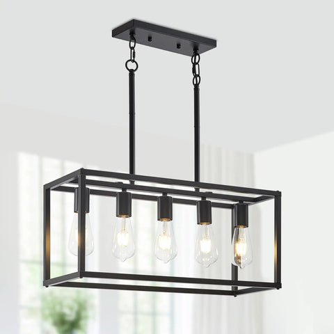 5-Light Black Farmhouse Kitchen Chandelier, Rectangular Linear Pendant Light Fixture for Kitchen Island, Dining Room and Living Room