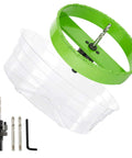 HLOFIZI 6-1/4in carbide hole saw for 6in lights with green dust ring and white dust bowl; includes arbor and bits.