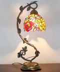 Tiffany Style Red Rose Stained Glass Table Lamp With Bronze Metal Leaf Base 21 Inch Reading Desk Lamp for Bedroom