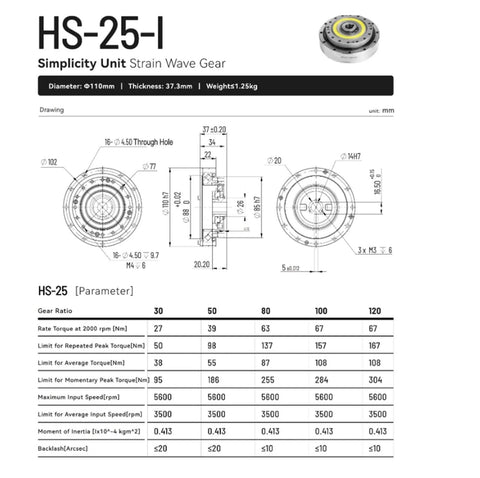 Zero Backlash Harmonic Drive SHF 25 I technical diagram with dimensions and specifications for automation robots