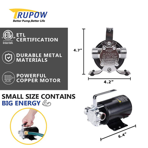 12V DC Mini Portable Water Pump For Sump Drainage, Battery Powered, Beefy 330 GPH Flow, chrome connectors, size dimensions shown