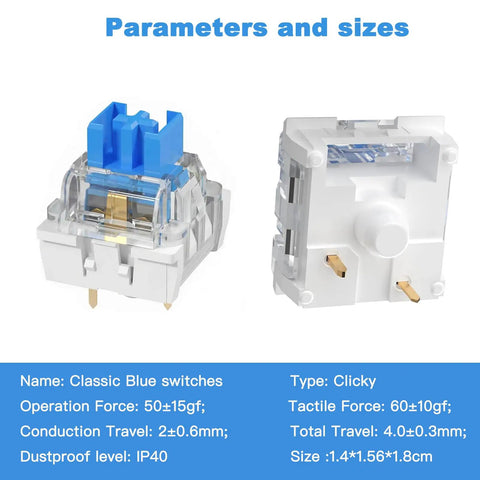 Blue Clicky Mechanical Keyboard Switches Kit 120 Pack, 3 Pin, 50gf Actuation, Dustproof and Water Resistant, Clear Housing for LED Backlit Gaming Keyboards and 3D Printing Projects, Easy Install, Durable, High Quality Feel, clear switch size diagram