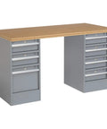 No Nonsense Heavy Duty Steel Pedestal Workbench With Seven Easy Glide Drawers And Rock Solid Square Edge Shop Top Built Like A Tank For Your Home Garage Or Pro Job Site In Gray, gray steel frame with seven drawers.