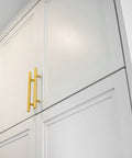 Brushed Gold T-Bar Cabinet Pulls 4 Pack Modern Hollow Drawer Handles Kitchen Hardware 96mm installed on white cabinets