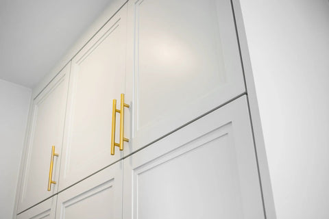 Brushed Gold T-Bar Cabinet Pulls 4 Pack Modern Hollow Drawer Handles Kitchen Hardware 96mm installed on white cabinets