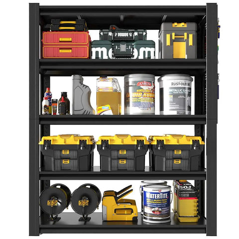 Rock Solid Heavy Duty Garage Shelving Built Like A Tank For Two Thousand Pound Loads Thickened Steel Storage Rack With Two Pegboards Adjustable Five Tier Utility Shelf For Serious Workshop Organization Black filled with various tools and supplies.