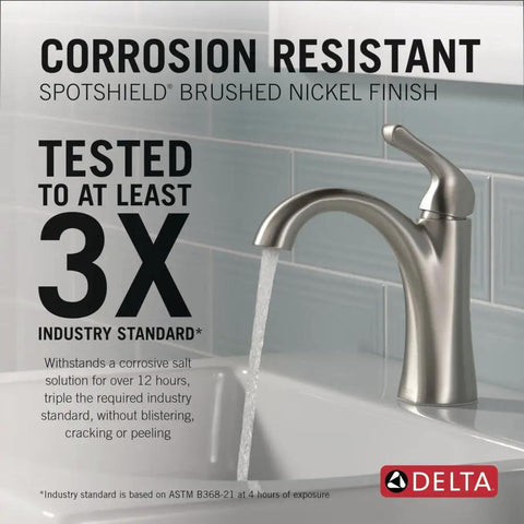Arvo Brushed Nickel Bathroom Faucet For 1 Hole Vanity Sink, Single Hole Design With Push-Pop Drain shown with water flow