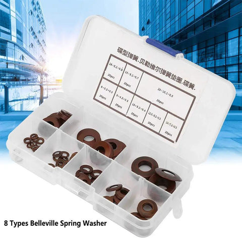 8 Types Belleville Compression Spring Disc Washer For Heavy Duty Load With Variable Stiffness Disk Spring And Compact Shock Absorber Design For Clutches Safety Valves And Precision Machinery, plastic case