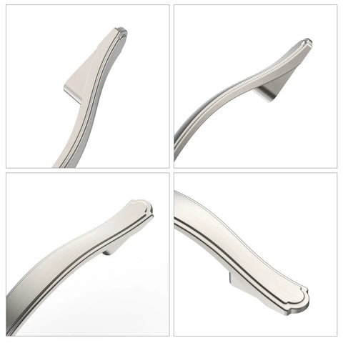 Close-up angles of Dope Brushed Satin Nickel Kitchen Cabinet Handles And Drawer Pulls Set Of 30 Three Inch Center Hole Durable Zinc Alloy
