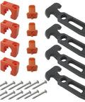 Components of 4 Pack T Handle Rubber Draw Latches 110x46mm With Screws, including orange mounts and screws