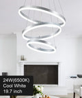 Dimmable 3 Ring LED Chandelier Pendant Light With Height Adjustable Dope Modern Silver Finish, ETL Certified Flush Mount Acrylic Ceiling Fixture For Dining Room Living Room Bedroom Foyer, 6000K Daylight, hanging in a living room setting.