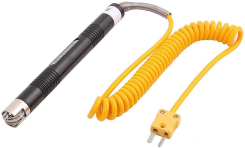 K-type thermocouple surface temperature probe with black handle, yellow coiled cord, and two-prong plug.
