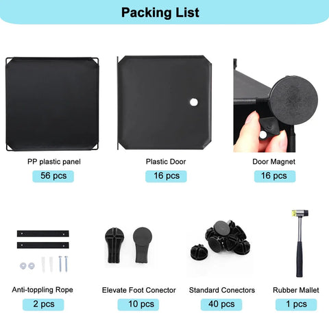 Packing list for 16 Cube Storage Organizer With Doors DIY Modular Book Shelf Cubby System, showing components and quantities.
