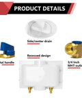 Center Drain Washing Machine Outlet Box With Water Hammer Arrestor Includes Preinstalled Frame For Drywall Up To One Inch One Half Inch Sweat Inlet Three Quarter Inch MHT Outlet Quarter Turn Hot And Cold Ball Valve product details showing side drain, metal handle, and 3/4 inch MHT outlet.