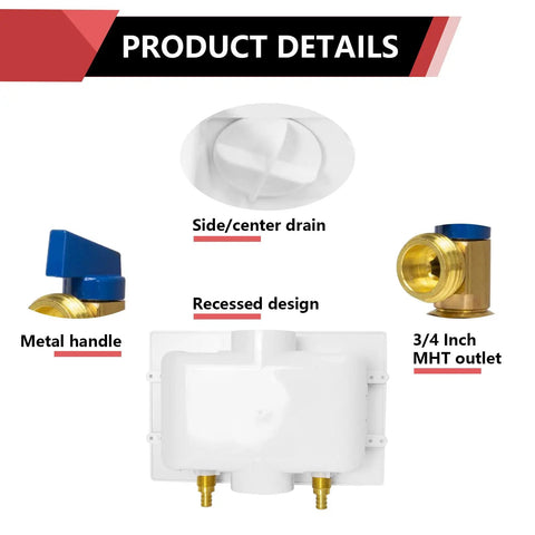 Washing Machine Outlet Box With One Half Inch PEX A Expansion Inlet And Three Quarter Inch MHT Outlet Center Drain Brass Quarter Turn Valves Installed Preinstalled Support Bracket And Faceplate Cover product details