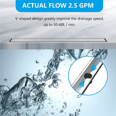 Close-up image of 12 Inch Linear Shower Drain For Tile With Tile Insert Grate In Brushed Nickel 304 Stainless Steel showing water flow.