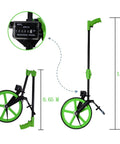 Foldable Electronic Measure Wheel With Large Digital Display Measuring Up To 999.9 Meters showing green wheels and digital readout.