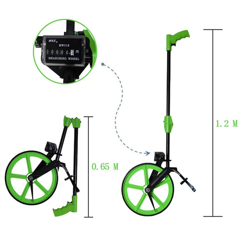 Rock Solid Aluminum Measuring Wheel With Giant Digital Dial And Easy Fold Handle For No Sweat Field Work And Swift Land Surveying Up To 9999 Meters, showing height and compact fold.