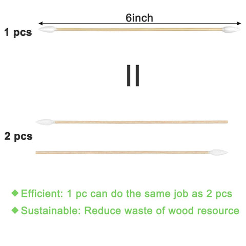 Double Pointed Cotton Swabs 200 Pcs Bamboo Sticks For Precision Cleaning, comparison of efficiency with one 6-inch bamboo swab.