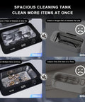 Hassle Free 45KHz Ultrasonic Jewelry Cleaner With Six Time Modes showing 900ml spacious tank cleaning rings and glasses.