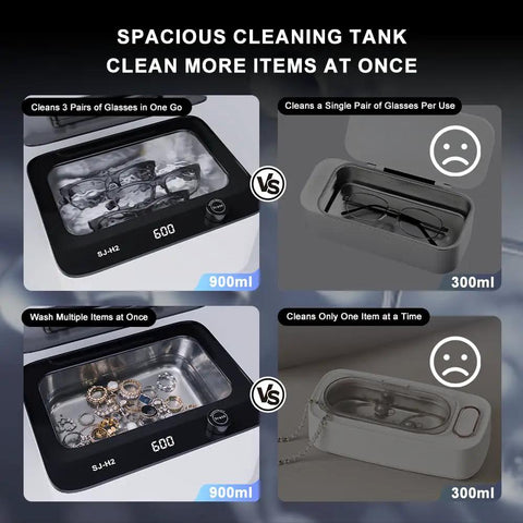 Hassle Free 45KHz Ultrasonic Jewelry Cleaner With Six Time Modes showing 900ml spacious tank cleaning rings and glasses.