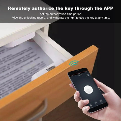 Keyless Smart Bluetooth Cabinet Lock Phone App Control One Touch Open Straight Up Secure Storage For Filing Cabinets And Wardrobes shown with smartphone unlocking drawer.