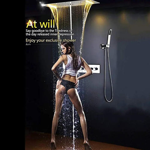 Level Up Your Bathroom Routine With This Top Notch Ceiling Mounted Rain Shower Combo Featuring Smooth Led Faucet Lighting And A Massive Stainless Steel Head For Serious Daily Spa Vibes in shower with flowing water.