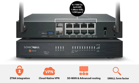 Rock Solid Plug And Play Next Generation Firewall With 2.5 GBPS Throughput And One Year TotalSecure Advanced License back view showing ports and connections.