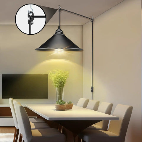 Knockout Black Plug In Pendant Light With Adjustable 13 Ft Copper Cord And UL Certified E26 Socket, mounted in dining area.